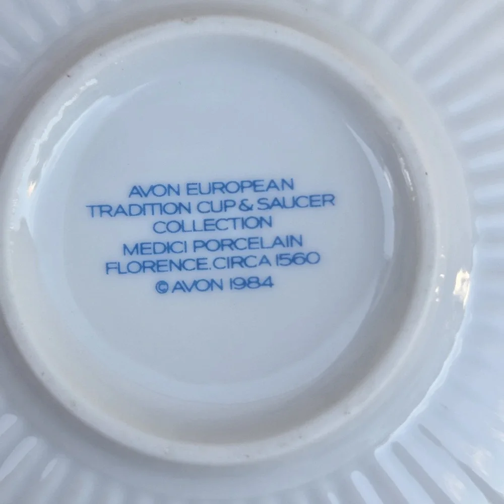 Vintage Avon Teacup and Saucer Set 1984 Blue White Gold Trim Cottagecore Dainty